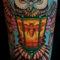 New School Owl Lamp Thigh tattoo by Led Coult