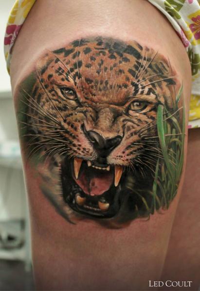 Realistic Tiger Thigh Tattoo by Led Coult