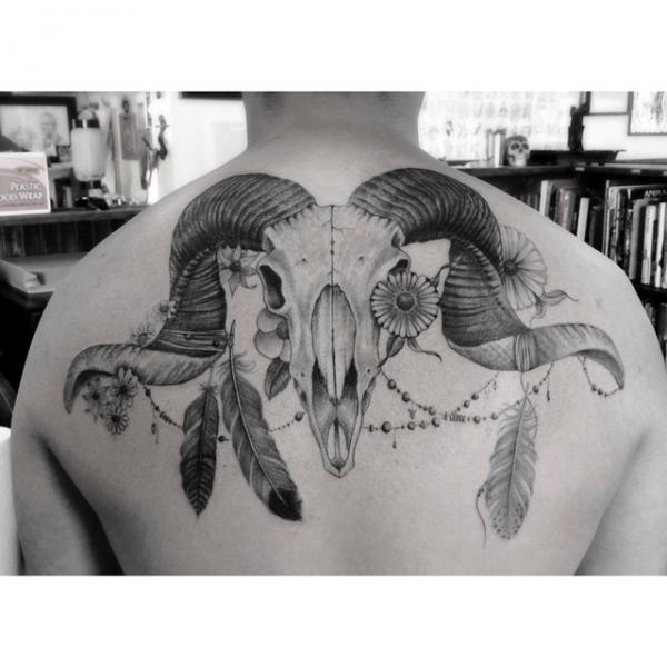 Feather Skull Back Tattoo by Dr Woo