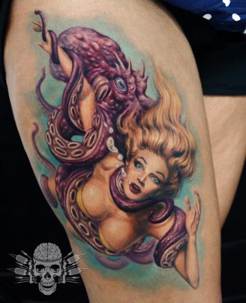 Women Octopus Thigh Tattoo by Tattooed Theory