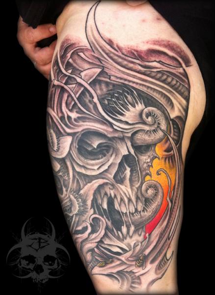 Skull Thigh Tattoo by Jeremiah Barba