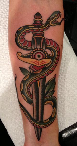 Arm Snake Old School Dagger Tattoo by Paul Anthony Dobleman