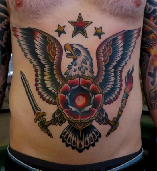 Tatuaje Old School Águila Vientre por Paul Anthony Dobleman