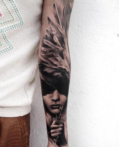 Feather Women Blind Sleeve Tattoo by Tattoo Studio 73