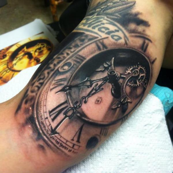 Arm Realistic Clock Tattoo by Johnny Smith Art