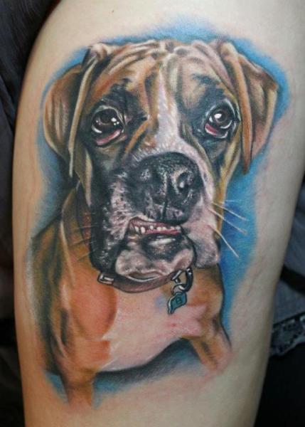 Shoulder Realistic Dog Tattoo by Johnny Smith Art
