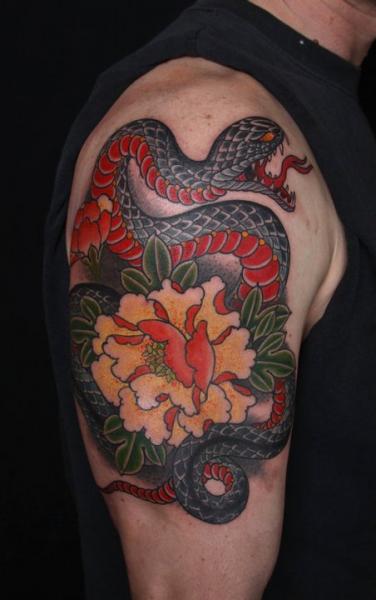Shoulder Snake Old School Flower Tattoo by Kings Avenue