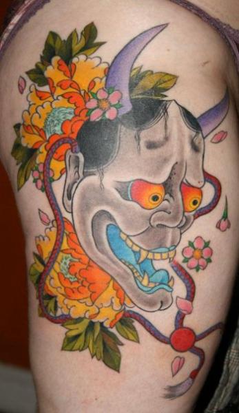 Japanese Mask Thigh Tattoo by Kings Avenue