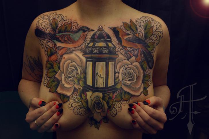 รอยสัก โคมไฟ หน้าอก เทียน โดย Antony Tattoo