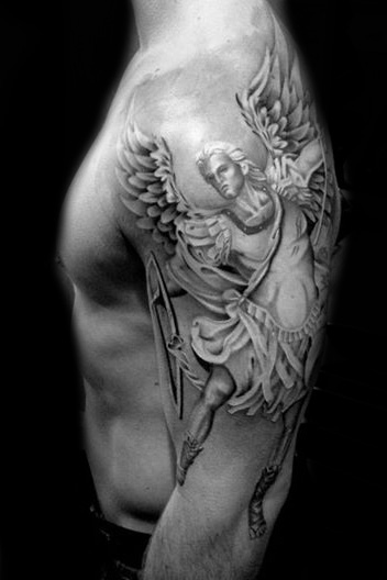 Shoulder Arm Angel Religious Tattoo by Westfall Tattoo