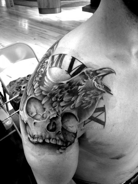 Shoulder Clock Skull Bird Tattoo by Westfall Tattoo