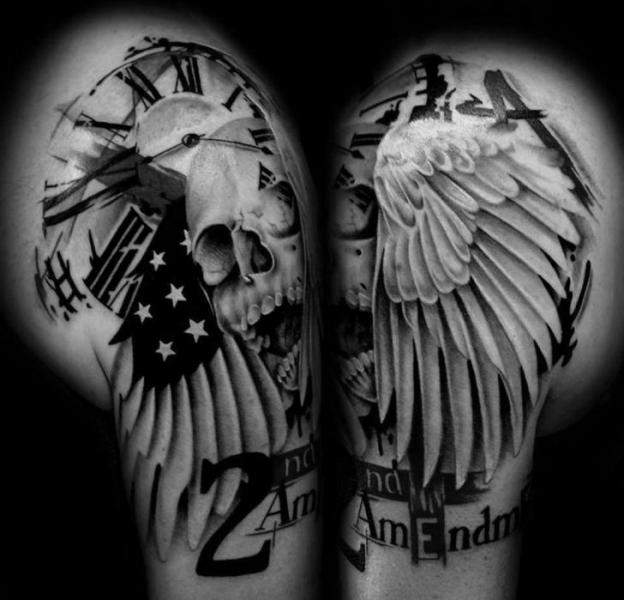 Shoulder Lettering Skull Wings Tattoo by Westfall Tattoo