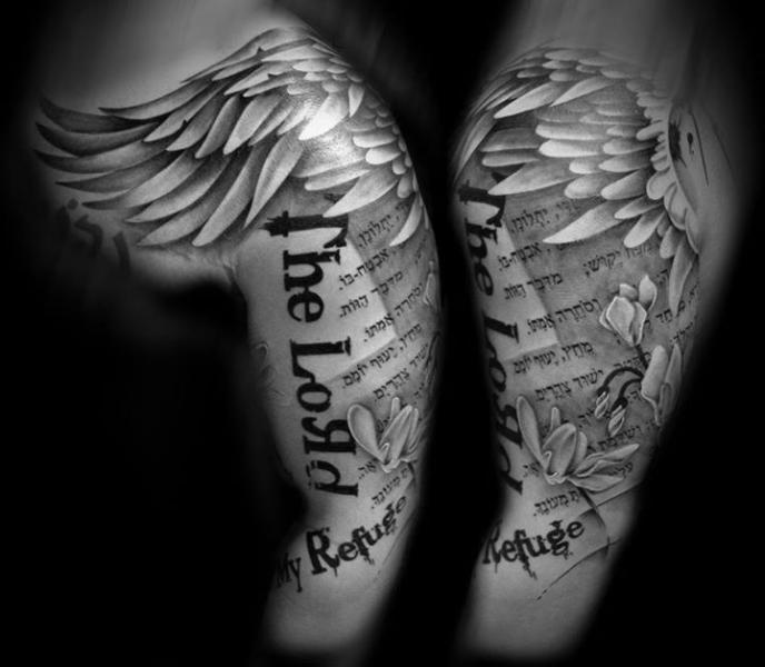 Shoulder Lettering Wings Fonts Tattoo by Westfall Tattoo