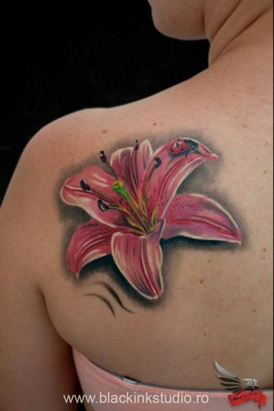 Shoulder Realistic Flower Tattoo by Black Ink Studio