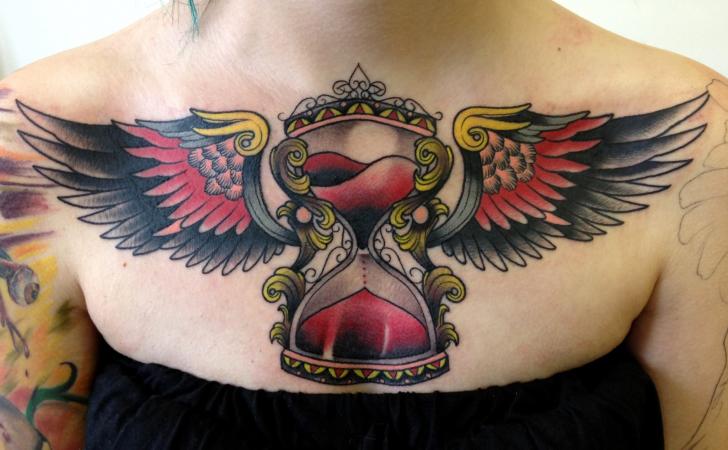 Old School Clepsydra Wings Breast Tattoo by Marked For Life