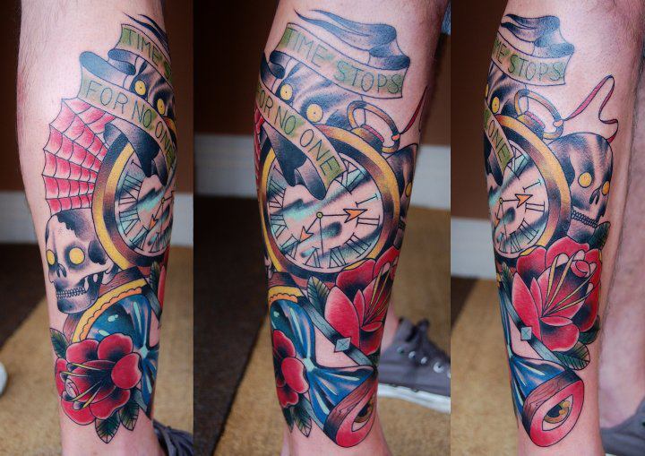 Clock Calf Old School Clepsydra Tattoo by Marked For Life