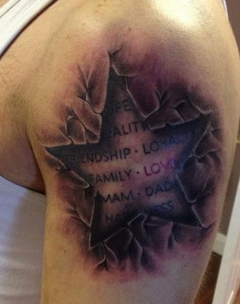 Shoulder Lettering Star 3d Tattoo by Marked For Life
