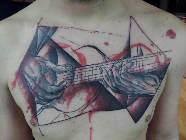 Chest Guitar Tattoo by Toko Lören Tattoo