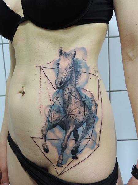 Side Dotwork Horse Tattoo by Toko Lören Tattoo