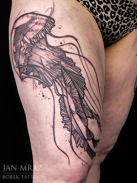 Dotwork Thigh Jellyfish Tattoo by Jan Mràz