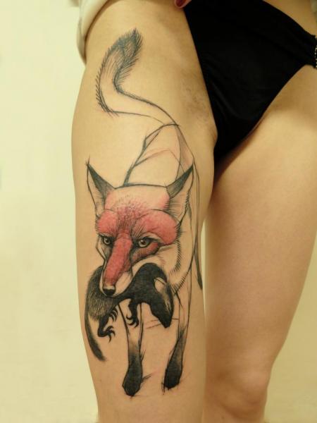 Fox Thigh Tattoo by Jan Mràz