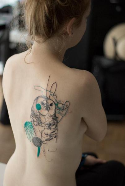 Back Owl Abstract Tattoo by Dead Romanoff Tattoo