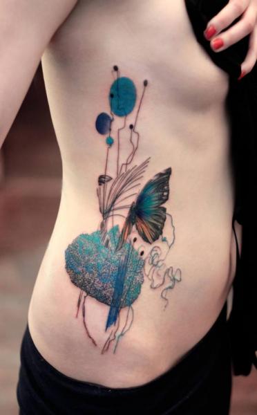 Side Butterfly Abstract Water Color Tattoo by Dead Romanoff Tattoo