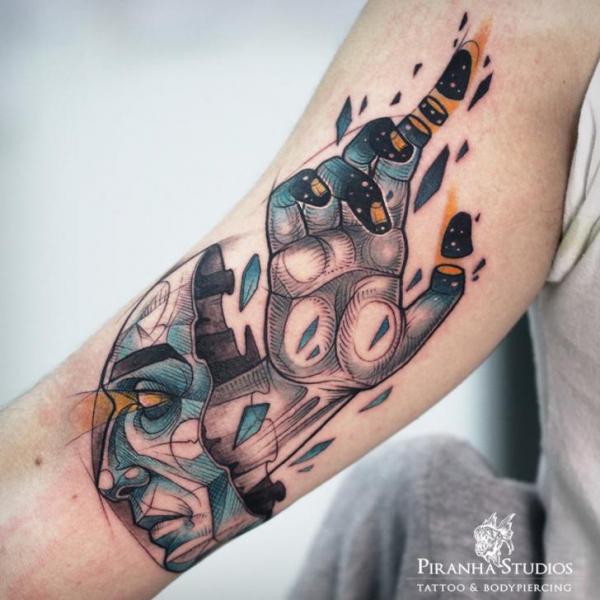 Arm Hand Head Abstract Tattoo by Piranha Tattoo Studio
