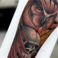 tatouage Bras New School Crâne Hibou par Piranha Tattoo Studio