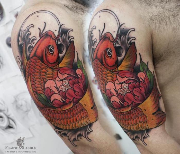 Shoulder Carp Koi Tattoo by Piranha Tattoo Studio
