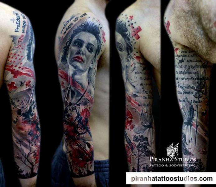 Trash Polka Sleeve Tattoo by Piranha Tattoo Studio