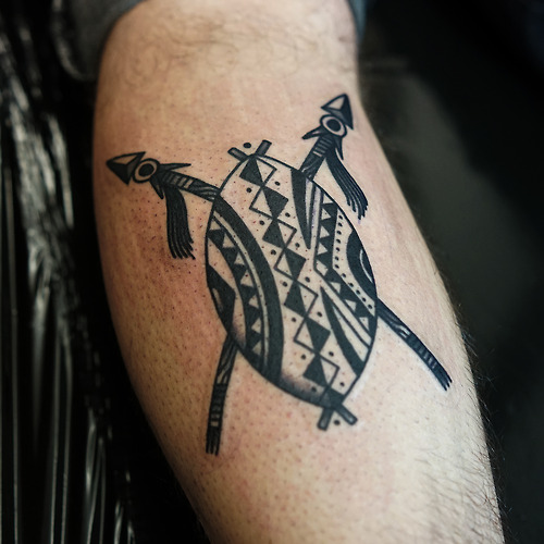 Arm Old School Shield Tattoo by Philip Yarnell