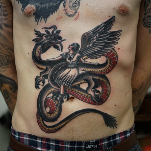 Old School Dragon Belly Tattoo by Philip Yarnell