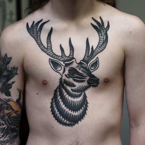 Chest Old School Deer Tattoo by Philip Yarnell