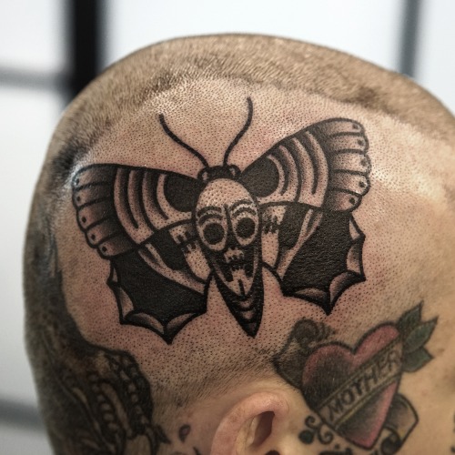 Old School Head Moth Tattoo by Philip Yarnell