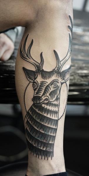 Calf Leg Deer Tattoo by Philip Yarnell