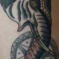 Old School Elephant Thigh tattoo by Philip Yarnell