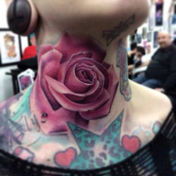 Realistic Flower Neck Rose Tattoo by Pete the Thief