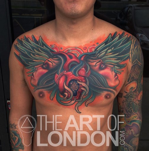 Chest Heart Women Wings Tattoo by The Art of London