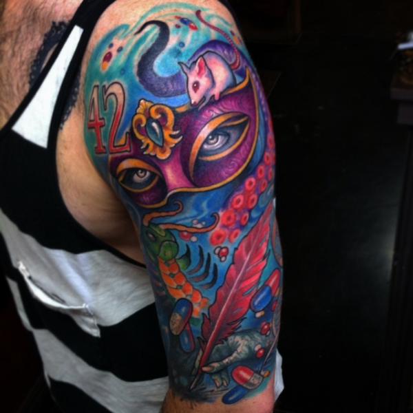 Shoulder Fantasy Mask Tattoo by The Art of London