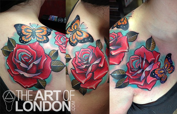 Shoulder Flower Butterfly Rose Tattoo by The Art of London