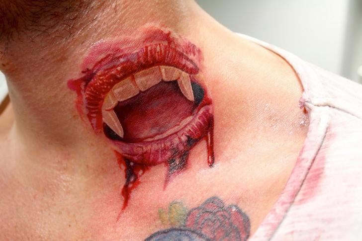 Neck Vampire Mouth Lips Tattoo by Electrographic Tattoo