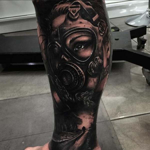 Calf Women Gas Mask Tattoo by Drew Apicture