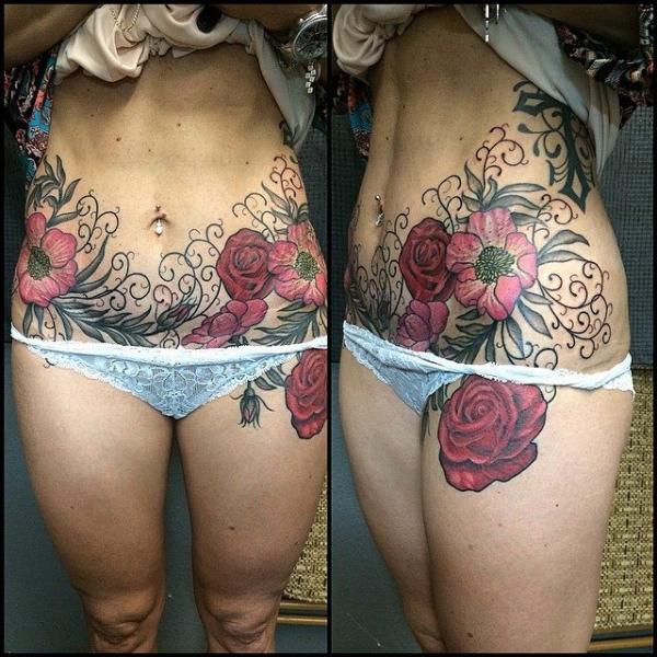 Flower Belly Thigh Tattoo by Last Angels Tattoo