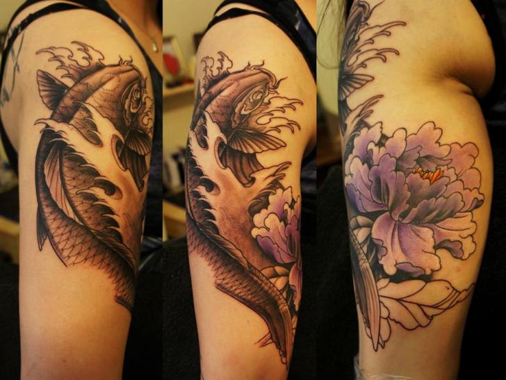Arm Flower Japanese Carp Koi Tattoo by White Rabbit Tattoo