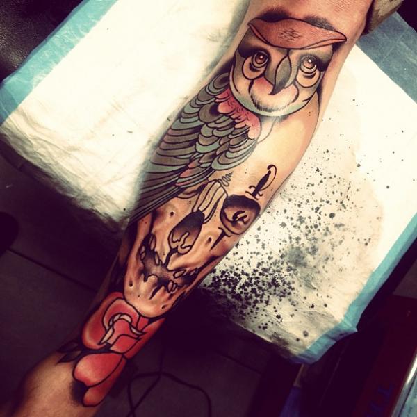 Leg Skull Owl Tattoo by Dagger & Lark Tattoo