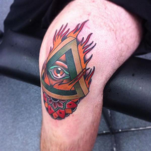 New School Leg Eye God Triangle Tattoo by Dagger & Lark Tattoo