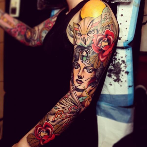 New School Gypsy Owl Sleeve Tattoo by Dagger & Lark Tattoo