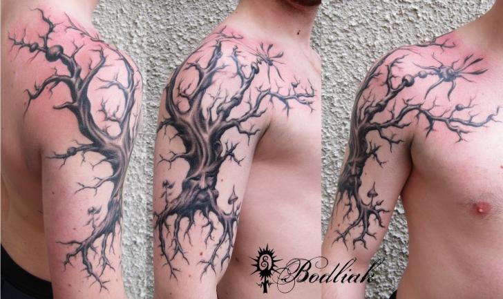 Shoulder Fantasy Tree Tattoo by Bodliak Tattoo
