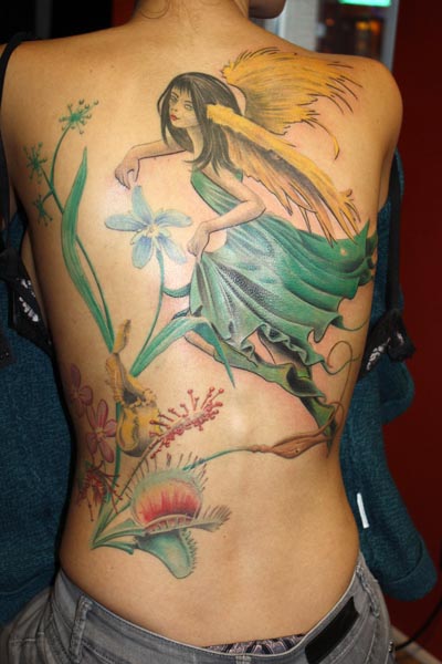 Fantasy Flower Back Fairy Tattoo by Herzstich Tattoo